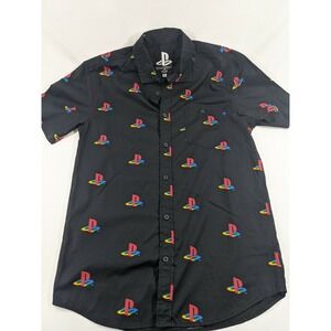 PlayStation Video Game Print Shirt  Short Sleeve Button Up Black All Over Medium